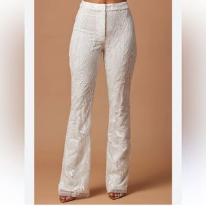 NWT Fashion Nova Luxe Willa Sequin Embroidered White Mesh Lace Flare Pants